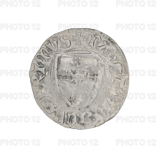 Teutonic szelag, Ulrich von Jungingen (Grand Master; 1407–1410). Obverse: Teutonic shield of the Grand Master; in the rim, between the pearly borders, an inscription. Reverse: Teutonic shield; in the rim, between the pearly borders, an inscription. Date: 1407–1410. State of the Teutonic Order (1226–1525), Torun. Coin. Diameter 21.4–21.6 mm, weight 1.53 g, axis 0°.