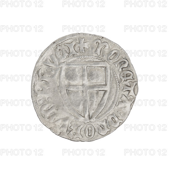 Teutonic szelag, Ulrich von Jungingen (Grand Master; 1407–1410). Obverse: Teutonic shield of the Grand Master; in the rim between the pearly borders, an inscription. Reverse: Teutonic shield; in the rim between the pearly borders, an inscription. Date: 1407–1410. Issued by the State of the Teutonic Order (1226–1525), Torun. Coin; diameter 21.4–21.6 mm, weight 1.53 g, axis 0°.