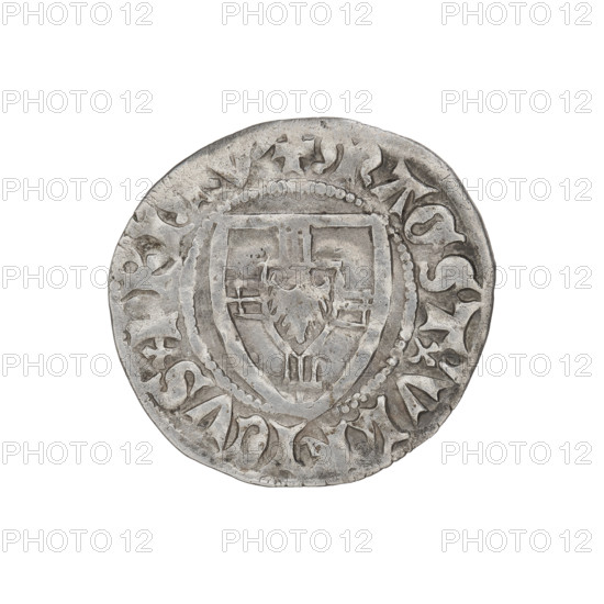 Teutonic szelag; Ulrich von Jungingen (Grand Master; 1407–1410); Mynlein, Dietz (fl. 1394–1409), publisher; Teutonic shield (iconographic); monastic shield of the Grand Master (iconographic); Teutonic Knights (order). Obverse: monastic shield of the Grand Master; in the rim between the pearl borders an inscription. Reverse: Teutonic shield; in the rim between pearl borders an inscription. Date: 1407–1410. Place: Gdansk. Coin; diameter 21.8 mm; weight 1.45 g; axis 70°.