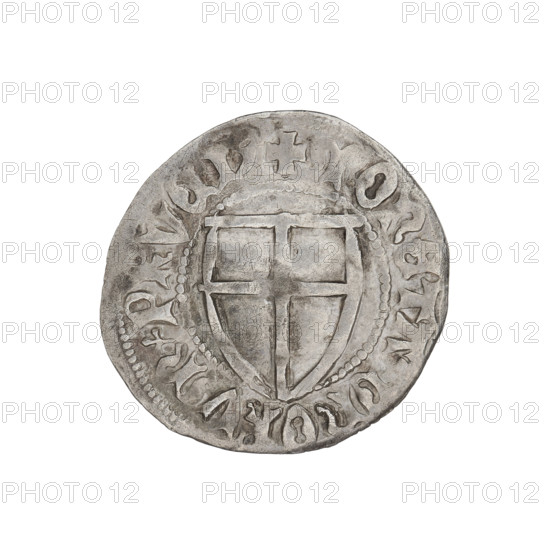 Teutonic szelag; Ulrich von Jungingen (Grand Master; 1407–1410); Mynlein, Dietz (fl. 1394–1409), publisher; Teutonic shield (iconographic); monastic shield of the Grand Master (iconographic); Teutonic Knights (order). Obverse: monastic shield of the Grand Master, in the rim between the pearl borders an inscription. Reverse: Teutonic shield, in the rim between pearl borders an inscription. Date: 1407–1410. State of the Teutonic Order (1226–1525), Gdansk. Coin; diameter 21.8 mm; weight 1.45 g; axis 70°.