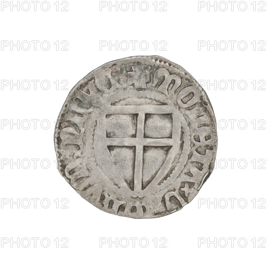 Teutonic szelag, Konrad von Jungingen (Grand Master; 1393–1407). Obverse: Teutonic shield of the Grand Master; in the rim, between the pearly borders, an inscription. Reverse: Teutonic shield; in the rim, between the pearly borders, an inscription. Date: 1393–1407. State of the Teutonic Order (1226–1525). Cities associated: Torun, Malbork, Gdansk. Coin; diameter 20.6 mm; weight 1.63 g; axis 190°.