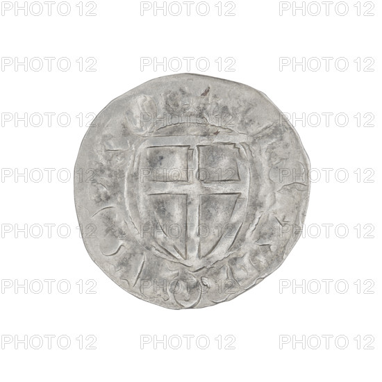Teutonic szelag, Ulrich von Jungingen (Grand Master; 1407–1410), Mynlein, Dietz (fl. 1394–1409), publisher; Teutonic Knights' shield (iconographic). Obverse: Teutonic Knights' shield. On the rim, between the pearl borders, the inscription. Reverse: Teutonic Knights' shield. In the rim between the pearl borders there is an inscription. Date: 1407–1410. State of the Teutonic Order (1226–1525). Place: Gdansk. Coin; diameter 21 mm; weight 1.57 g; axis 100°.