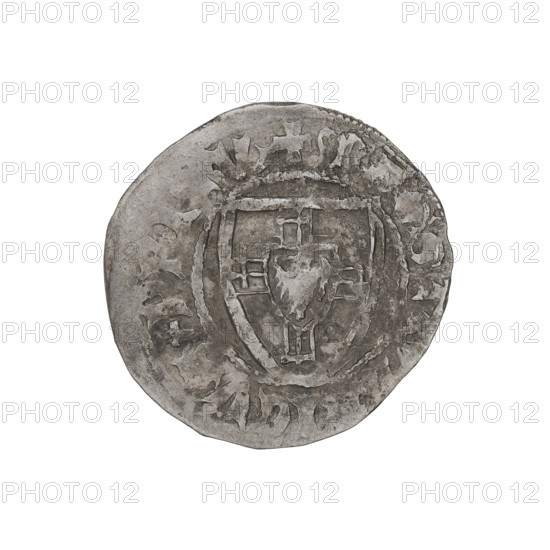 Teutonic szelag, Ulrich von Jungingen (Grand Master; 1407–1410). Obverse: Teutonic shield of the Grand Master; in the rim between the pearly borders, an inscription. Reverse: Teutonic shield; in the rim between the pearly borders, an inscription. Date: 1407–1410. State of the Teutonic Order (1226–1525), Gdansk. Coin. Diameter 21.4–21.6 mm. Weight 1.65 g. Axis 315°.