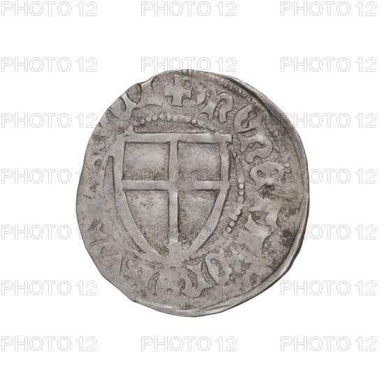 Teutonic szelag, Ulrich von Jungingen (Grand Master; 1407–1410). Obverse: Teutonic shield of the Grand Master; in the rim, between pearly borders, an inscription. Reverse: Teutonic shield; in the rim, between pearly borders, an inscription. Date: 1407–1410. State of the Teutonic Order (1226–1525), Gdansk. Coin. Diameter 21.4–21.6 mm, weight 1.65 g, axis 315°.