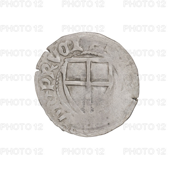 Teutonic szelag, Ulrich von Jungingen (Grand Master; 1407–1410), Mynlein, Dietz (fl. 1394–1409), publisher. Obverse: Teutonic shield of the Grand Master (iconographic). Reverse: Teutonic shield (iconographic). Inscription on rim between pearl borders: [obverse inscription unspecified]; reverse inscription present. Date: 1407–1410. State of the Teutonic Order (1226–1525), Gdansk. Coin; diameter 21.1–21.2 mm; weight 1.63 g; axis 315°.