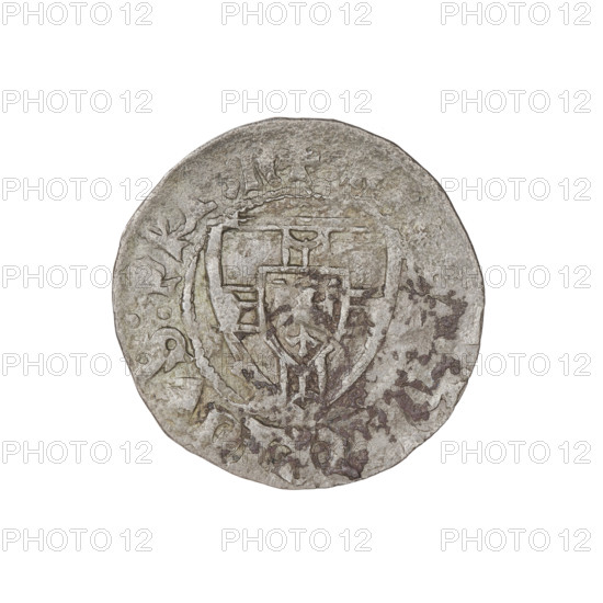Teutonic szelag, Henryk von Plauen (Grand Master; 1410–1413). Obverse: monastic shield of the Grand Master, crossbars at the ends of the arms of the cross bent archwise; in the rim between the pearl borders, inscription. Reverse: Teutonic shield (iconographic) with point above the shield; in the rim between the pearl borders, inscription. Date 1410–1413. Teutonic Knights (order). Coin from Gdansk; diameter 20.8 mm; weight 1.45 g; axis 135 degrees.