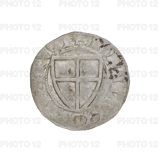 Teutonic szelag, Henryk von Plauen (Grand Master; 1410–1413). Obverse: monastic shield of the Grand Master with crossbars at the ends of the arms of the cross bent archwise; in the rim between the pearl borders, inscription. Reverse: monastic shield of the Grand Master; above the shield, point; in the rim between the pearl borders, inscription. Iconographic elements: point above the shield, Teutonic shield, monastic shield of the Grand Master. Inscription dates: 1410–1413. Issued by the State of the Teutonic Order (1226–1525), Gdansk. Coin; diameter 20.8 mm; weight 1.45 g; axis 135°.