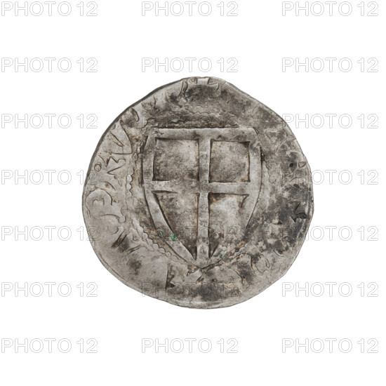 Teutonic szelag, Ulrich von Jungingen (Grand Master, 1407–1410). Obverse: monastic shield of the Grand Master; in the rim between the pearly borders, an inscription. Reverse: monastic shield; in the rim between the pearly borders, an inscription. Date: 1407–1410. Issued by the State of the Teutonic Order (1226–1525). Mintplaces: Torun, Malbork. Coin; diameter 20 mm; weight 1.62 g; axis 270°.