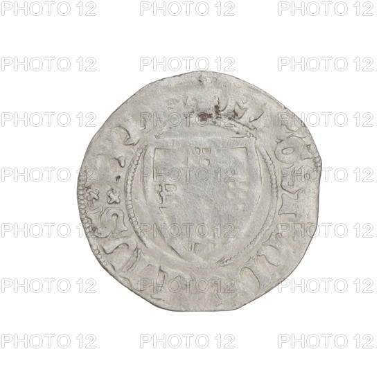Teutonic szelag, Henryk von Plauen (Grand Master; 1410–1413). Obverse: Teutonic shield of the Grand Master; in the rim between the pearly borders, an inscription. Reverse: Teutonic shield; in the rim between the pearly borders, an inscription. Date: 1410–1413. Issued by the State of the Teutonic Order (1226–1525), Gdansk. Coin; diameter 21.6–21.8 mm, weight 1.34 g, axis 315°.
