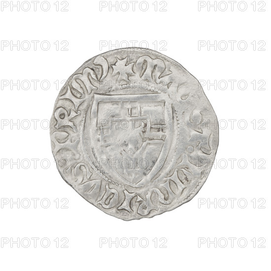 Teutonic szelag, Henryk von Plauen (Grand Master; 1410–1413). Obverse: Teutonic shield of the Grand Master; in the rim, between the pearly borders, an inscription. Reverse: Teutonic shield; in the rim, between the pearly borders, an inscription. Date: 1410–1413. State of the Teutonic Order (1226–1525). Gdansk mint. Coin, diameter 21.5 mm, weight 1.57 g, axis 20°.