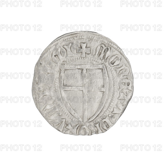 Teutonic szelag, Henryk von Plauen (Grand Master; 1410–1413). Obverse: Teutonic shield of the Grand Master; in the rim, between the pearly borders, an inscription. Reverse: Teutonic shield; in the rim, between the pearly borders, an inscription. Date: 1410–1413. State of the Teutonic Order (1226–1525). Gdansk mint. Coin; diameter 21.5 mm; weight 1.57 g; axis 20°.