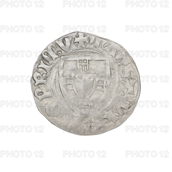 Teutonic szelag, Ulrich von Jungingen (Grand Master; 1407–1410), Mynlein, Dietz (fl. 1394–1409), publisher; Teutonic shield (iconographic); monastic shield of the Grand Master (iconographic); Teutonic Knights (order). Obverse: monastic shield of the Grand Master; on the rim, between the pearl borders, an inscription. Reverse: monastic shield; in the rim between the pearl borders an inscription. Date: 1407–1410. State of the Teutonic Order (1226–1525). Gdansk. Coin; diameter 21.4 mm; weight 1.51 g; axis 270°.