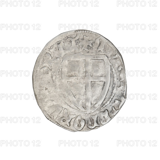 Teutonic szelag, Ulrich von Jungingen (Grand Master; 1407–1410), Mynlein, Dietz (fl. 1394–1409), publisher. Teutonic shield (iconographic); monastic shield of the Grand Master (iconographic); Teutonic Knights (order). Obverse: monastic shield of the Grand Master; on the rim between the pearl borders, the inscription. Reverse: monastic shield; in the rim between the pearl borders there is an inscription. Date: 1407–1410. State of the Teutonic Order (1226–1525), Gdansk. Coin; diameter 21.4 mm; weight 1.51 g; axis 270°.