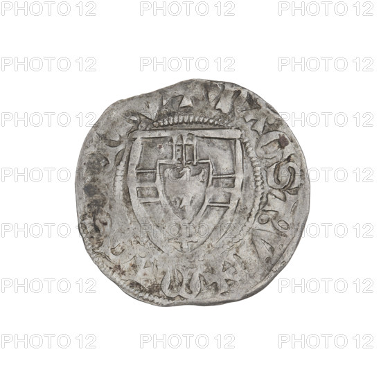 Teutonic szelag, Ulrich von Jungingen (Grand Master; 1407–1410); Teutonic shield (iconographic); monastic shield of the Grand Master (iconographic); forgeries from the period; Teutonic Knights (order). Obverse: monastic shield of the Grand Master. In the rim between the pearl borders there is a mistaken inscription. Reverse: monastic shield. In the rim between the pearl borders there is a mistaken inscription (probably a forgery). Date: 1407–1410. State of the Teutonic Order (1226–1525). Mintplaces: Torun, Malbork. Coin; diameter 21 mm; weight 1.54 g; axis 90°.