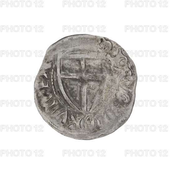 Teutonic szelag, Ulrich von Jungingen (Grand Master; 1407–1410), Teutonic shield (iconographic), monastic shield of the Grand Master (iconographic), forgeries from the period, Teutonic Knights (order). Obverse: monastic shield of the Grand Master; in the rim between the pearl borders there is a mistaken inscription. Reverse: monastic shield; in the rim between the pearl borders there is a mistaken inscription (probably a forgery). Date: 1407–1410. State of the Teutonic Order (1226–1525). Mint towns referenced: Torun, Malbork. Coin, diameter 21 mm, weight 1.54 g, axis 90°.