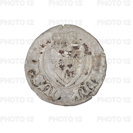 Teutonic szelag, Henryk von Plauen (Grand Master; 1410–1413). Obverse: Teutonic Knights' shield; in the rim between the pearly borders, an inscription. Reverse: Teutonic Knights' shield; in the rim between the pearly borders, an inscription. Date: 1410–1413. State of the Teutonic Order (1226–1525). Mint: Gdansk. Coin; diameter 20.5–20.7 mm; weight 1.41 g; axis 0°.
