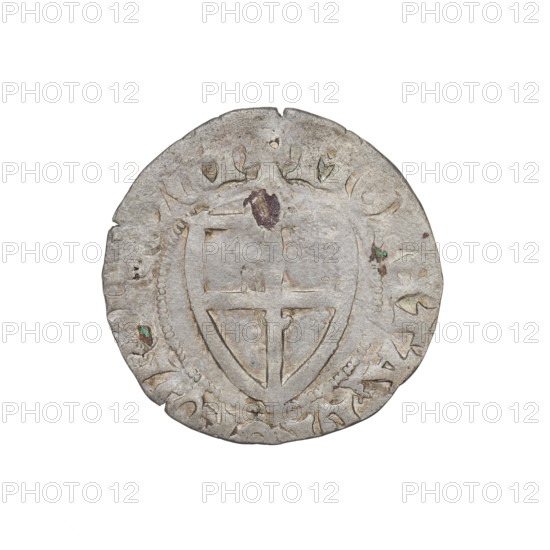 Teutonic szelag, Henryk von Plauen (Grand Master; 1410–1413). Obverse: Teutonic Knights' shield; in the rim between the pearly borders an inscription. Reverse: Teutonic Knights' shield; in the rim between the pearly borders an inscription. Date: 1410–1413. State of the Teutonic Order (1226–1525). Gdansk mint. Coin; diameter 20.5–20.7 mm, weight 1.41 g, axis 0°.
