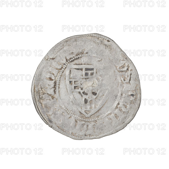 Teutonic szelag, Henryk von Plauen (Grand Master; 1410–1413). Obverse: monastic shield of the Grand Master; in the rim between the pearly borders, an inscription. Reverse: monastic shield; above the shield, the letter D; in the rim between the pearly borders, an inscription. Date: 1410–1413. Issuing authority: State of the Teutonic Order (1226–1525). Gdansk mint. Coin type: coin. Diameter 21.8 mm, weight 1.51 g, axis 315°.
