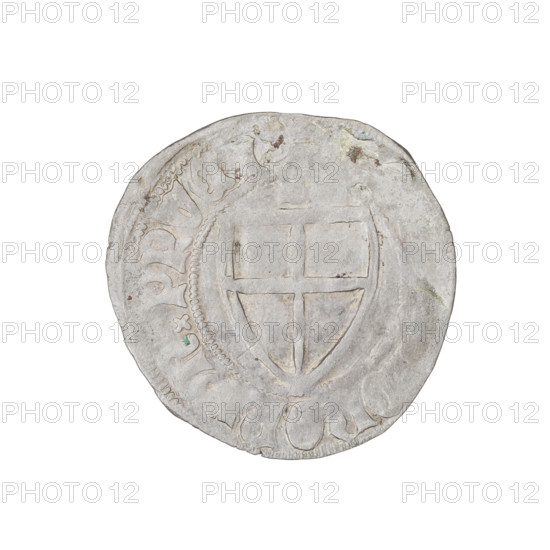 Teutonic szelag, Henryk von Plauen (Grand Master; 1410–1413). Obverse: monastic shield of the Grand Master; in the rim between the pearly borders, an inscription. Reverse: monastic shield; above the shield, the letter D; in the rim between the pearly borders, an inscription. Date: 1410–1413. State of the Teutonic Order (1226–1525). Coin from Gdansk. Diameter 21.8 mm, weight 1.51 g, axis 315°.