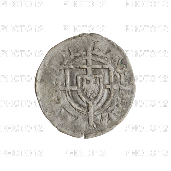 Teutonic szelag, Paul von Russdorf (Grand Master; 1422–1441). Obverse: monastic shield of the Grand Master with a cross whose elongated, widening arms divide the rim legend and reach the outer rim; rim between pearly borders bears an inscription. Reverse: monastic shield with a cross with elongated arms dividing the rim legend and reaching the outer rim; rim between pearly borders bears an inscription. Date range 1425–1441. Teutonic Order (1226–1525), Torun. Coin; diameter 20.7 mm, weight 1.69 g, axis 45°.