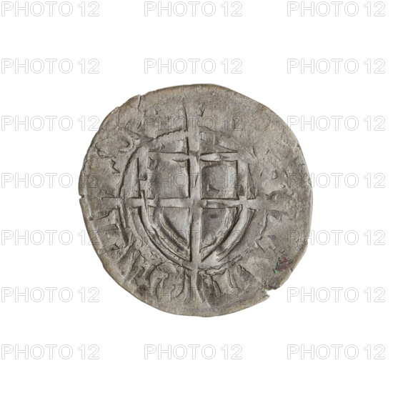 Teutonic szelag, Paul von Russdorf (Grand Master; 1422–1441). Obverse: monastic shield of the Grand Master with a cross whose elongated, widening arms divide the rim legend and reach the outer rim; on the rim, between the pearly borders, an inscription. Reverse: monastic shield with a cross with elongated arms dividing the rim legend and reaching the outer rim; in the rim between the pearl borders there is an inscription. Dated 1425–1441. State of the Teutonic Order (1226–1525), Torun. Coin; diameter 20.7 mm; weight 1.69 g; axis 45°.