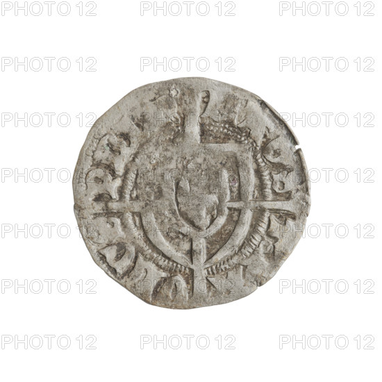 Teutonic szelag, Paul von Russdorf (Grand Master; 1422–1441). Obverse: monastic shield of the Grand Master with a cross whose elongated, widening arms divide the rim legend and reach the outer rim; a dot above the upper right field of the shield; inscription in the rim between pearly borders. Reverse: monastic shield with a cross with elongated arms dividing the rim legend and reaching the outer rim; a dot above the upper right field of the shield; inscription in the rim between pearl borders. Date: 1425–1441. Issued by the State of the Teutonic Order (1226–1525), Torun. Coin type: szelag; diameter 20.9 mm; weight 1.65 g; axis 315°.
