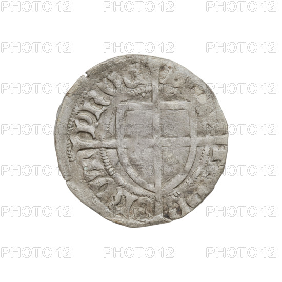 Teutonic szelag, Paul von Russdorf (Grand Master; 1422–1441). Obverse: monastic shield of the Grand Master with a cross whose elongated, widening arms divide the rim legend and reach the outer rim; a dot above the upper right field of the shield; rim inscription between pearly borders. Reverse: monastic shield with a cross with elongated arms dividing the rim legend and reaching the outer rim; a dot above the upper right field of the shield; rim inscription between pearl borders. Iconography: cross with elongated arms, Teutonic shield, dot above the shield, monastic shield of the Grand Master. Date: 1425–1441. State of the Teutonic Order (1226–1525), Torun. Coin, diameter 20.9 mm, weight 1.65 g, axis 315°.