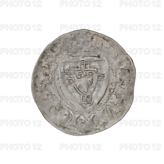 Teutonic szelag, Ulrich von Jungingen (Grand Master; 1407–1410). Obverse: monastic shield of the Grand Master; in the rim, between the pearly borders, an inscription. Reverse: monastic shield; in the rim, between the pearly borders, an inscription. Date: 1407–1410. Issued by the State of the Teutonic Order (1226–1525), Torun/Malbork. Coin; diameter 21.6–21.8 mm, weight 1.48 g, axis 30°.