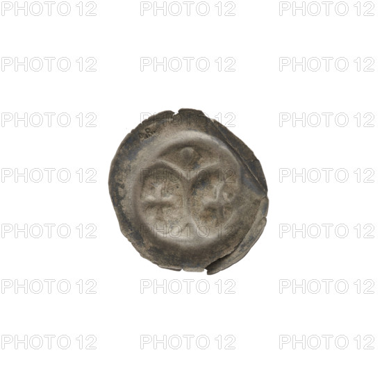 Denarius (bracteate) depicting arcades and a column with two arches at the bottom, forked and topped with a sphere; on each side an equal-armed cross and spheres. Inscription/marks: AR marks, crosses. Associated names: Richard, Antoni (1841–1894). Teutonic Knights (Order). Dated ca. 1267/1268–ca. 1277/1278, State of the Teutonic Order (1226–1525). Coin (one-sided), diameter 17.1 mm, weight 0.19 g.