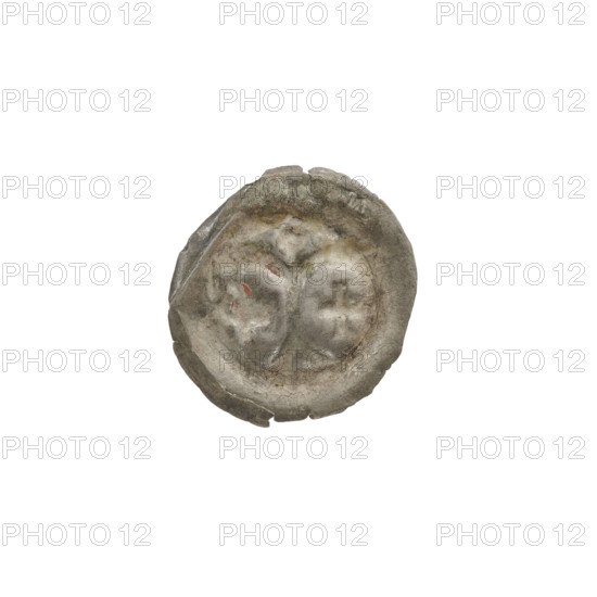 Denarius - bracteate; arcades; Richard, Antoni (1841-1894); AR marks; crosses; forked column; columns; one-sided coin; equal-armed cross; spheres; Teutonic Knights (order); Column with two arches at the bottom, forked, topped with a sphere; on each side one equal-armed cross; ca. 1267/1268–ca. 1277/1278; State of the Teutonic Order (1226–1525); coin (one-sided); diameter 17.1 mm; weight 0.19 g