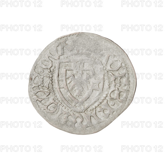 Teutonic szelag, Henryk Reffle von Richtenberg (Grand Master; 1470–1477). Obverse: Teutonic shield of the Grand Master (iconographic). In the rim, between the pearly borders, an inscription. Reverse: Teutonic shield (iconographic). In the rim, between the pearly borders, an inscription. Date: 1470–1477. Issued in Königsberg. Coin; diameter 21.9 mm; weight 1.44 g; axis 220 degrees.