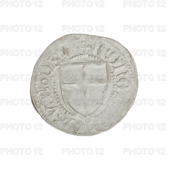 Teutonic szelag, Henryk Reffle von Richtenberg (Grand Master; 1470–1477). Obverse: Teutonic shield of the Grand Master (iconographic). Reverse: Teutonic shield (iconographic). Associated with the Teutonic Knights (order). Obv. inscription in the rim between pearly borders. Rev. inscription in the rim between pearly borders, dated 1470–1477. State of the Teutonic Order (1226–1525). Minted in Königsberg. Coin, diameter 21.9 mm, weight 1.44 g, axis 220°.