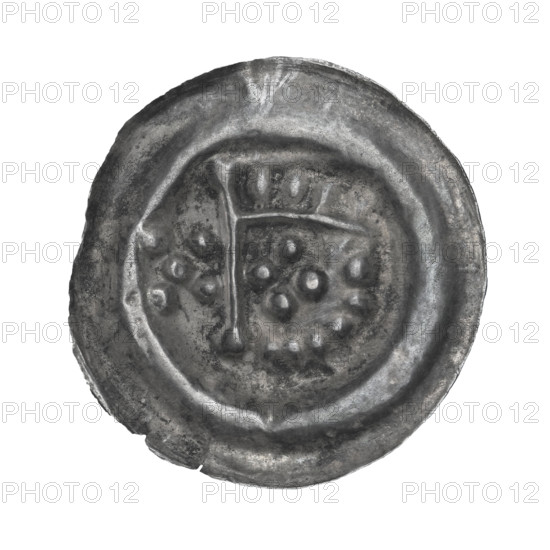 Denarius - bracteate, one-sided coin depicting a hand holding a pennant (iconographic). In the coin field: left of the shaft five balls, right of the shaft four balls arranged in the shape of a cross. Pennants and balls motif; associated with the Teutonic Order. Rarity R7. Date ca. 1236/1237–ca. 1247/1248. Coin type: one-sided bracteate denarius, diameter 22 mm, weight 0.31 g.