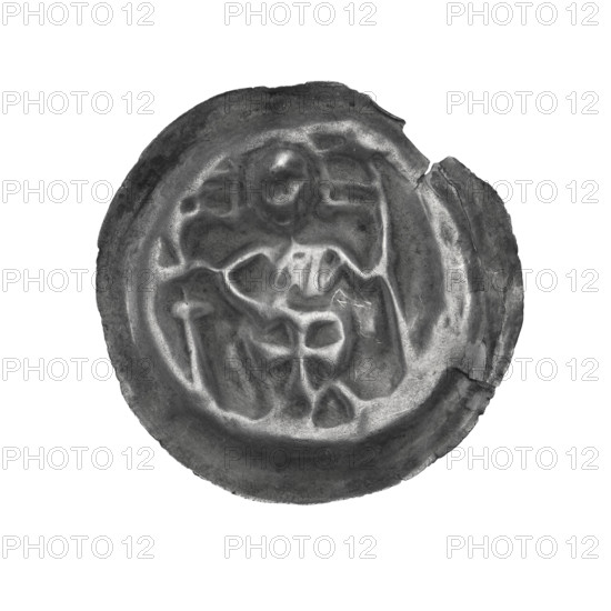 denarius - bracteate, R6 (rarity); subject: standing knight with pennant, cross, and Teutonic shield; iconography: knights, pennants, shields, crosses, Teutonic shield; one-sided coin (bracteate); denomination: denarius; date: ca. 1247/1248–ca. 1257/1258; minting places: Torun, Elblag; material: coin; diameter: 19.4 mm; weight: 0.22 g