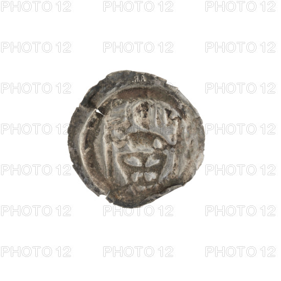 denarius - bracteate, R6 (rarity), knights, treasure from Wielen (numism), AR mark, pennants, one-sided coins, Teutonic shield, shields, knight, Teutonic Knights (order), Standing knight with a pennant, cross and Teutonic shield, ca. 1247/1248 - ca. 1257/1258, State of the Teutonic Order (1226-1525), Torun, Elblag, coin (one-sided), diameter 18.9 mm, diameter 19.1 mm, weight 0.21 g