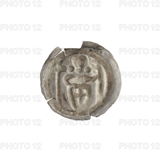 Denarius - bracteate imitation?, R6 (rarity). Imitation, AR punch, one-sided coin. Standing knight with a pennant, cross and Teutonic shield; shields, pennants, knight; on both sides of the figure's head one ball. Knights; Teutonic Order. Ca. 1247/1248–ca. 1257/1258? State of the Teutonic Order (1226–1525). Torun, Elblag. Coin (one-sided). Diameter 19.1–19.3 mm. Weight 0.25 g.