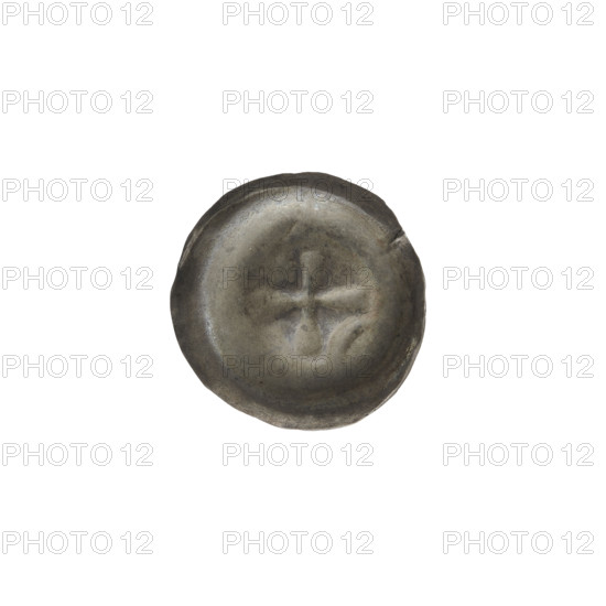 Denarius (bracteate) with isosceles cross with widening arms; in one angle between the arms a six-pointed star, in the opposite angle a crescent (moon) and additional stars. One-sided coin, 2nd half of the 13th century, State of the Teutonic Order (1226–1525). Diameter 16.7 mm, weight 0.30 g.