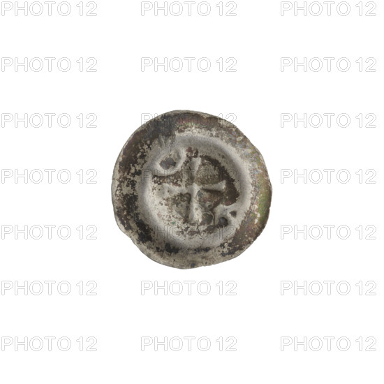 Denarius (bracteate) with isosceles cross with widening arms; in one angle between its arms a six-pointed star, in the opposite angle a crescent (moon). Also features stars; one-sided coin. 2nd half of the 13th century. State of the Teutonic Order (1226–1525). Coin (bracteate), diameter 16.3 mm, weight 0.28 g.