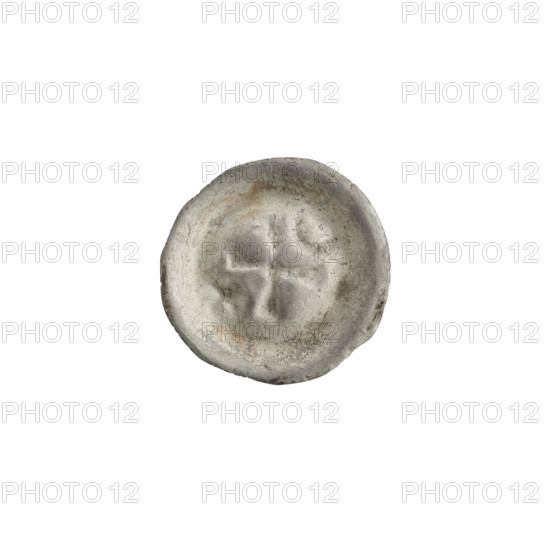 Denarius (bracteate), one-sided coin depicting an isosceles cross with widening arms; in one angle between arms a six-pointed star, in the opposite angle a crescent (moon) and additional stars. 2nd half of the 13th century, State of the Teutonic Order (1226–1525). Diameter 16.3 mm, weight 0.28 g.