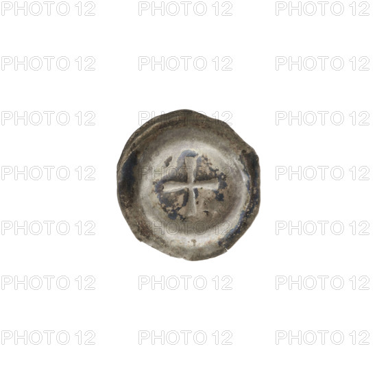 Denarius - bracteate; isosceles cross with widening arms; in one angle between its arms a six-pointed star, in the opposite angle a crescent; motifs: cross, moon, stars; one-sided coin; 2nd half of the 13th century; State of the Teutonic Order (1226–1525); maker: Teutonic Knights (order); coin (one-sided); diameter 15.5 mm; weight 0.22 g.