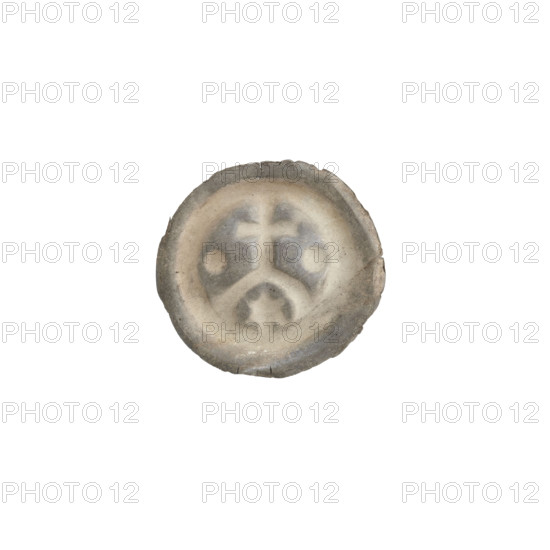 Denarius - bracteate, cross on arcade I (iconographic); one-sided coin featuring a cross supported by an arch, a six-pointed star below it, and one ball on each side of the cross; balls and stars motifs; associated with the Teutonic Knights (Order); ca. 1277/1278–ca. 1287/1288; State of the Teutonic Order (1226–1525); coin (one-sided); diameter 16 mm; weight 0.21 g
