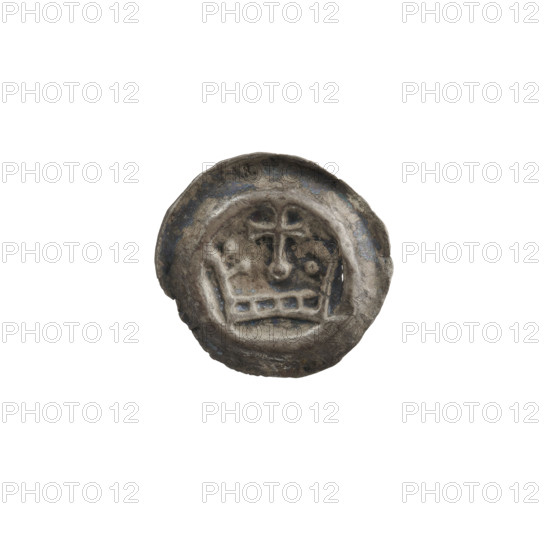 denarius - bracteate, crown I (iconographic), Richard, Anthony (1841-1894), AR punches, crowns, one-sided coins, crosses, Teutonic Knights (order), Crown composed of a rim with quadrangular holes and two arches with spherical projections. Between the arches, a cross on a spherical base with widening ends of the arms, ca. 1287/1288 - ca. 1297/1298, State of the Teutonic Order (1226-1525), coin (one-sided), diameter 16.8 mm, weight 0.25 g