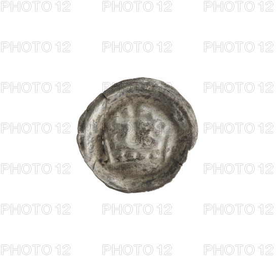 Denarius - bracteate, crown I (iconographic). Maker: Anthony Richard (1841–1894). Crown composed of a rim with quadrangular holes and two arches with spherical projections. Between the arches, a cross on a spherical base with widening ends of the arms. Date: ca. 1287/1288–ca. 1297/1298. Issued by the State of the Teutonic Order (1226–1525). Coin (one-sided). Diameter: 16.8 mm; weight: 0.25 g.