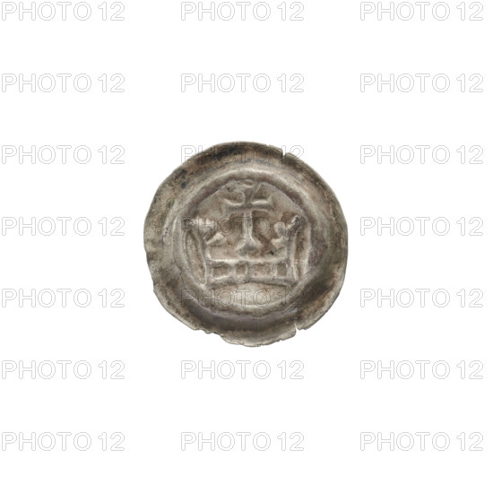 Denarius - bracteate; iconography: crown I, crosses, crowns; one-sided coin; Teutonic Knights (order). Crown composed of a hoop with quadrangular holes and two arches with projections; between the arches, a cross on a spherical base with widening ends of the arms. Date: ca. 1287/1288–ca. 1297/1298. State of the Teutonic Order (1226–1525). Coin (one-sided). Diameter 16.4 mm; weight 0.24 g.