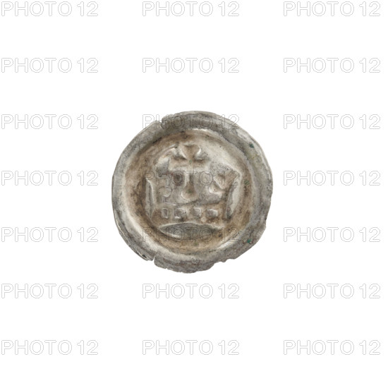 Denarius - bracteate; crown I (iconographic); crosses; crowns; one-sided coin; Teutonic Knights (Order). Crown composed of a hoop with quadrangular holes and two arches with projections; between the arches, a cross on a spherical base with widening ends of the arms. Ca. 1287/1288–ca. 1297/1298. State of the Teutonic Order (1226–1525). Coin (one-sided). Diameter 16.4 mm; weight 0.24 g.