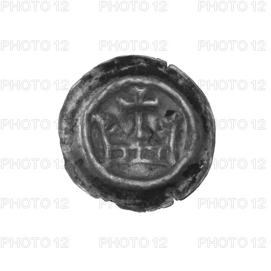 Denarius - bracteate; crown I (iconographic); crosses; crowns; one-sided coin; Teutonic Knights (Order). Crown composed of a hoop with quadrangular holes and two arches with projections; between the arches, a cross on a spherical base with widening ends of the arms. Circa 1287/1288–1297/1298. State of the Teutonic Order (1226–1525). Coin (one-sided). Diameter 16.4 mm, weight 0.24 g.