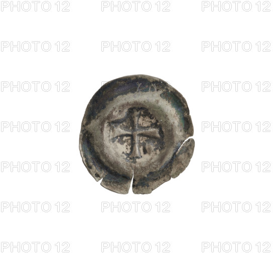 Denarius bracteate with an isosceles cross with expanding, split arms; in one angle between the arms a six-pointed star, in the opposite angle a crescent (moon). Also features stars; one-sided coin. 2nd half of the 13th century, State of the Teutonic Order (1226–1525). Diameter 17 mm, weight 0.26 g.