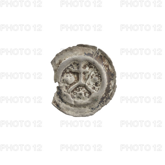Denarius bracteate; cross on arcade (iconographic) with a ring underneath and one ball on each side of the cross; one-sided coin; balls and rings motifs; Teutonic Knights (Order); Cross supported by an arch; ca. 1277/1278–ca. 1287/1288; coin; diameter 17.3 mm; weight 0.21 g WQXBCFS