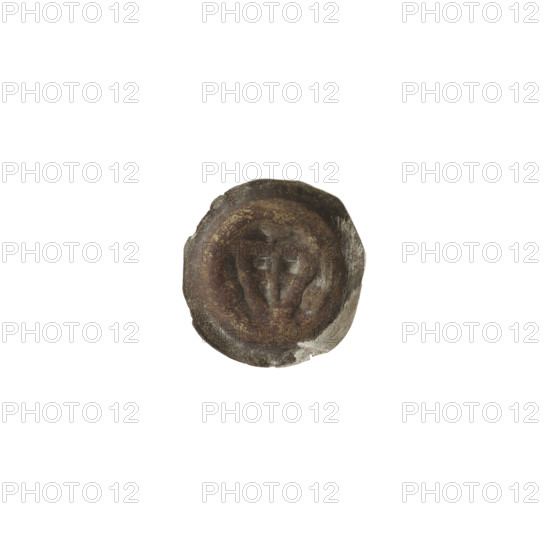 Denarius - bracteate; one-sided coin depicting a triangular shield with a cross whose arms reach the edge; one ball on each side of the shield; shields, balls; illegible mark above the shield; iconographic: shield with a cross, triangular shield; Teutonic Knights (Order); ca. 1307/1308–ca. 1317/1318; State of the Teutonic Order (1226–1525); coin (one-sided); diameter 13.7 mm; weight 0.18 g