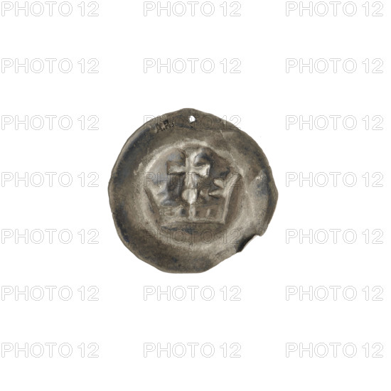 denarius - bracteate, crown I (iconographic), Richard, Antoni (1841-1894), AR punches, crowns, one-sided coins, crosses, Teutonic Knights (order), Crown composed of a hoop with quadrangular holes and two arches with projections. Between the arches, a cross on a spherical base with widening ends of the arms, touching the hoop, ca. 1287/1288 - ca. 1297/1298, State of the Teutonic Order (1226-1525), coin (one-sided), diameter 16.9 mm, weight 0.20 g